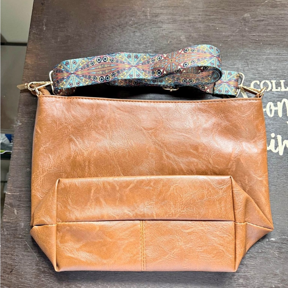 Brown Leather Women's Bag with Patterned Strap